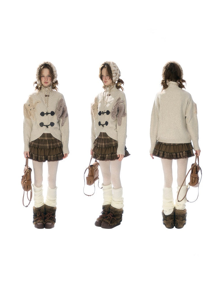 Toggle Buckle Rabbit Patch Apricot Sweater Cardigan Jacket【s0000018927】