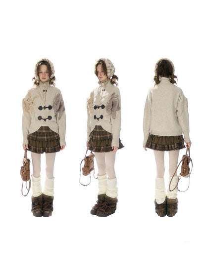 Toggle Buckle Rabbit Patch Apricot Sweater Cardigan Jacket【s0000018927】