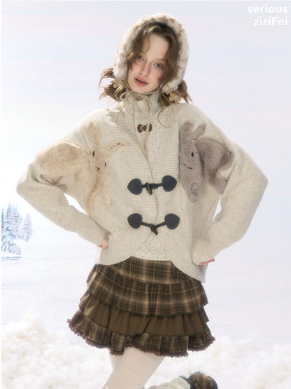 Toggle Buckle Rabbit Patch Apricot Sweater Cardigan Jacket【s0000018927】