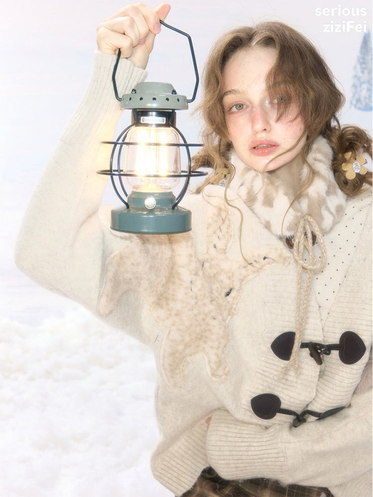 Toggle Buckle Rabbit Patch Apricot Sweater Cardigan Jacket【s0000018927】