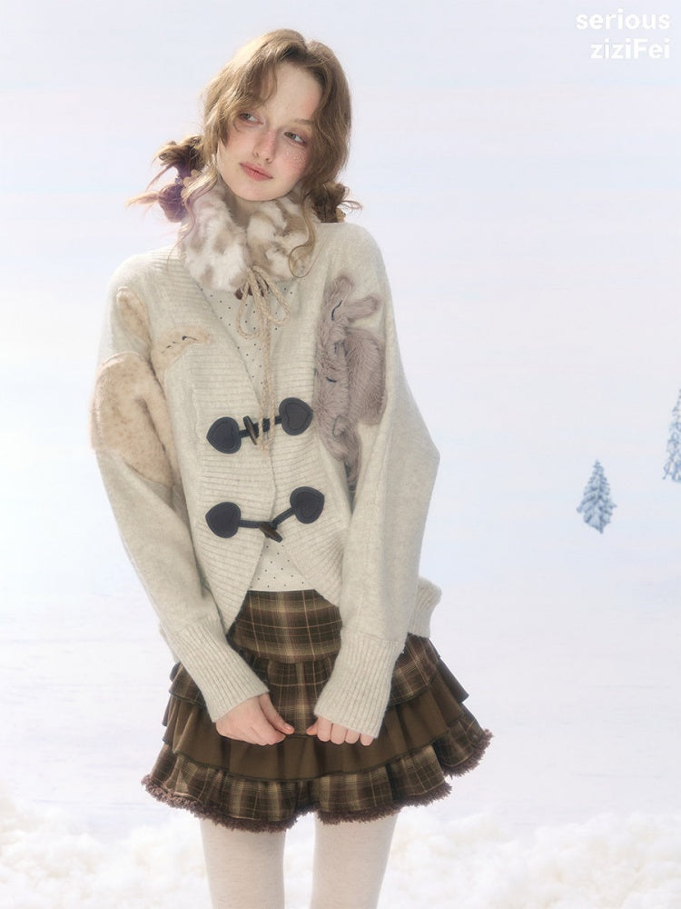 Toggle Buckle Rabbit Patch Apricot Sweater Cardigan Jacket【s0000018927】