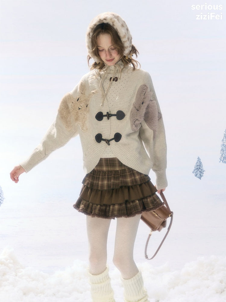 Toggle Buckle Rabbit Patch Apricot Sweater Cardigan Jacket【s0000018927】