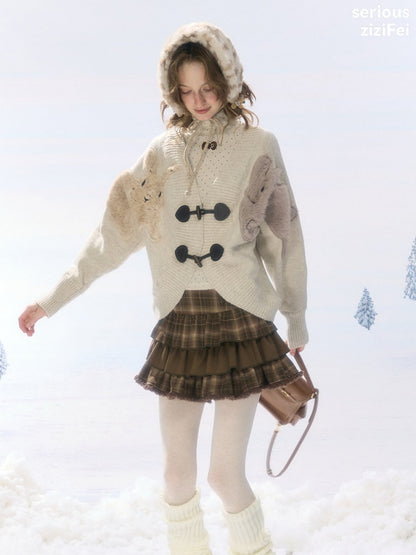 Toggle Buckle Rabbit Patch Apricot Sweater Cardigan Jacket【s0000018927】