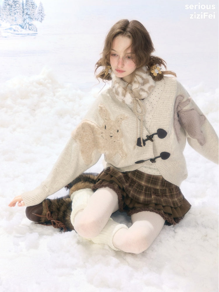 Toggle Buckle Rabbit Patch Apricot Sweater Cardigan Jacket【s0000018927】