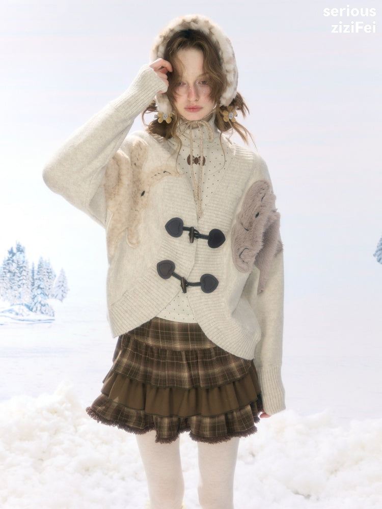 Toggle Buckle Rabbit Patch Apricot Sweater Cardigan Jacket【s0000018927】