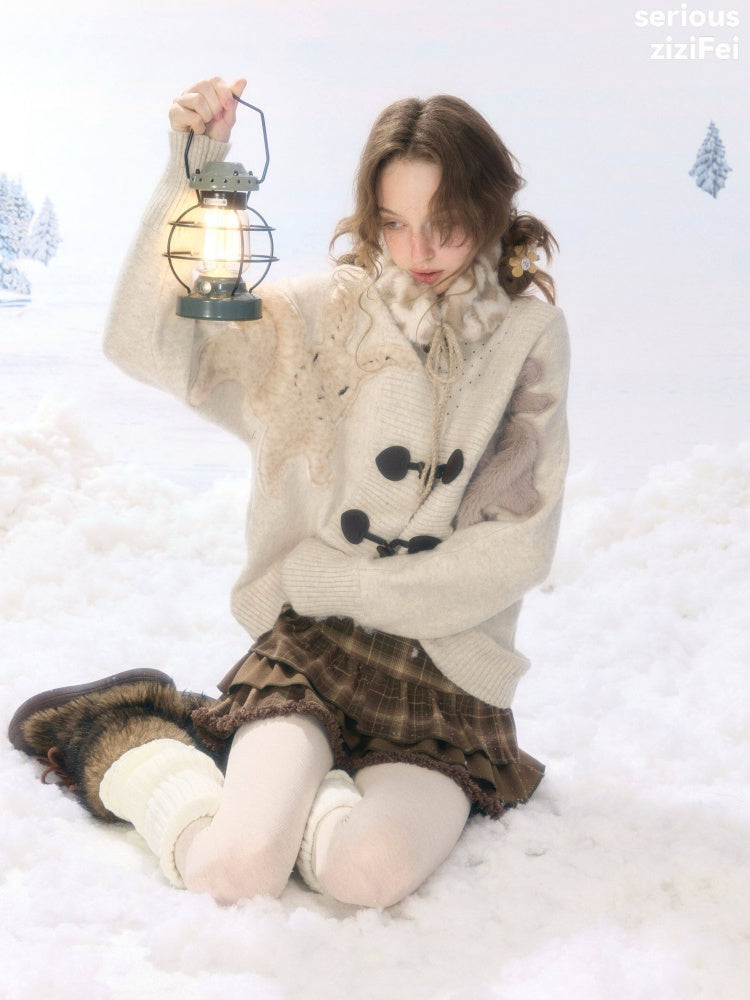 Toggle Buckle Rabbit Patch Apricot Sweater Cardigan Jacket【s0000018927】