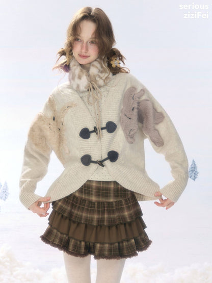 Toggle Buckle Rabbit Patch Apricot Sweater Cardigan Jacket【s0000018927】