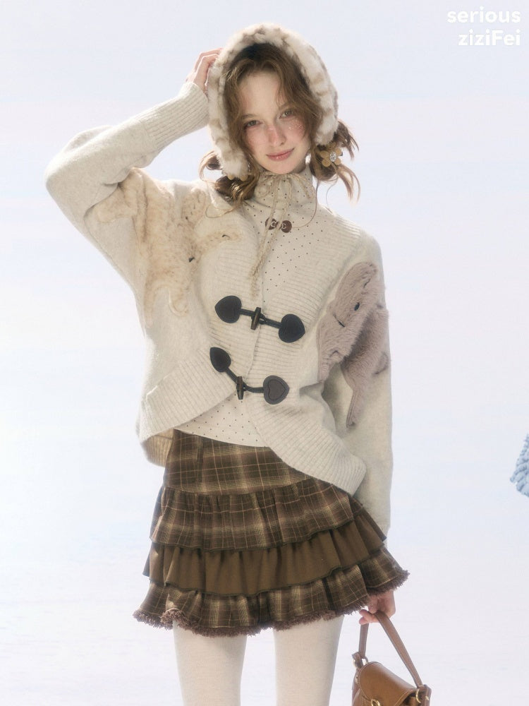 Toggle Buckle Rabbit Patch Apricot Sweater Cardigan Jacket【s0000018927】