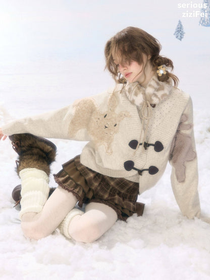 Toggle Buckle Rabbit Patch Apricot Sweater Cardigan Jacket【s0000018927】