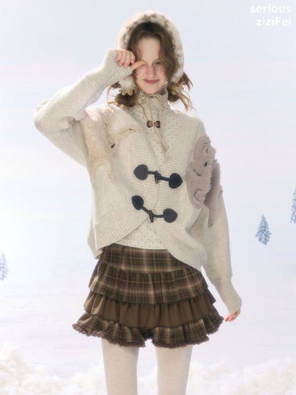 Toggle Buckle Rabbit Patch Apricot Sweater Cardigan Jacket【s0000018927】