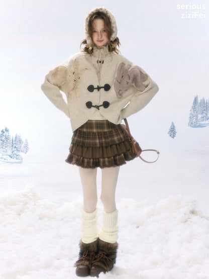Toggle Buckle Rabbit Patch Apricot Sweater Cardigan Jacket【s0000018927】