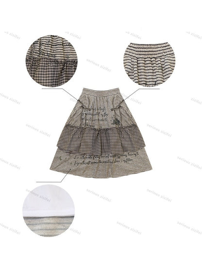 Hidden Rabbit Trace Striped Plaid Patchwork Mid-Length Letter Print Khaki Midi Skirt【s0000018929】