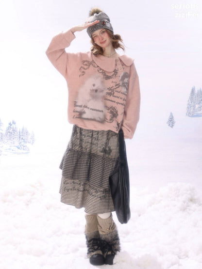 Hidden Rabbit Trace Striped Plaid Patchwork Mid-Length Letter Print Khaki Midi Skirt【s0000018929】