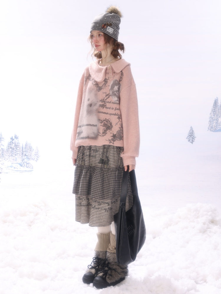 Hidden Rabbit Trace Striped Plaid Patchwork Mid-Length Letter Print Khaki Midi Skirt【s0000018929】