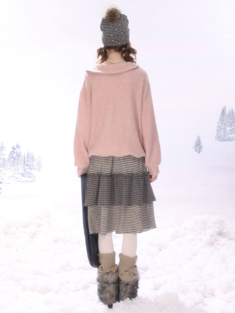 Hidden Rabbit Trace Striped Plaid Patchwork Mid-Length Letter Print Khaki Midi Skirt【s0000018929】