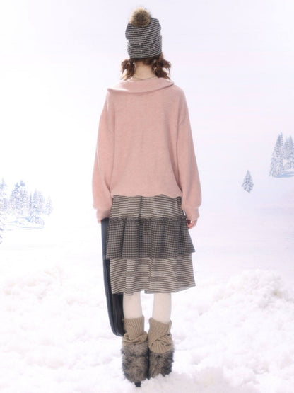 Hidden Rabbit Trace Striped Plaid Patchwork Mid-Length Letter Print Khaki Midi Skirt【s0000018929】