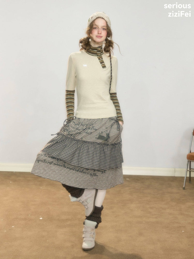 Hidden Rabbit Trace Striped Plaid Patchwork Mid-Length Letter Print Khaki Midi Skirt【s0000018929】