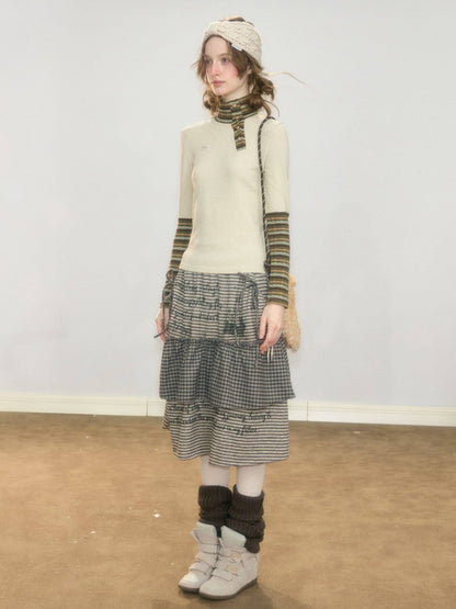 Hidden Rabbit Trace Striped Plaid Patchwork Mid-Length Letter Print Khaki Midi Skirt【s0000018929】