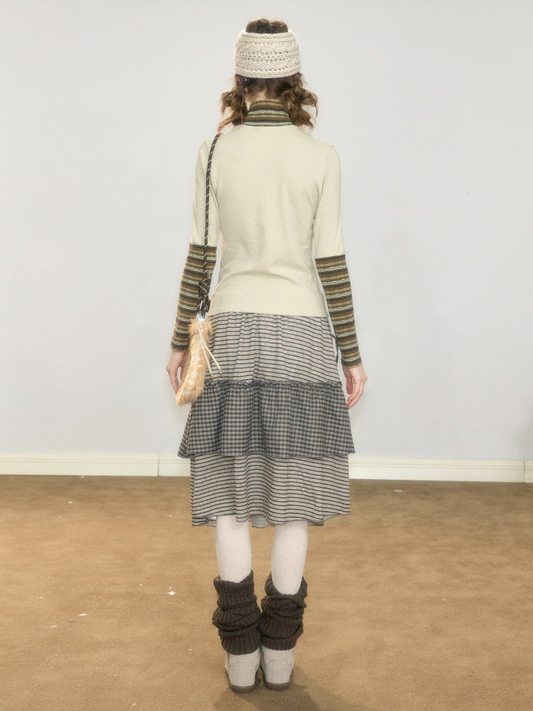 Hidden Rabbit Trace Striped Plaid Patchwork Mid-Length Letter Print Khaki Midi Skirt【s0000018929】