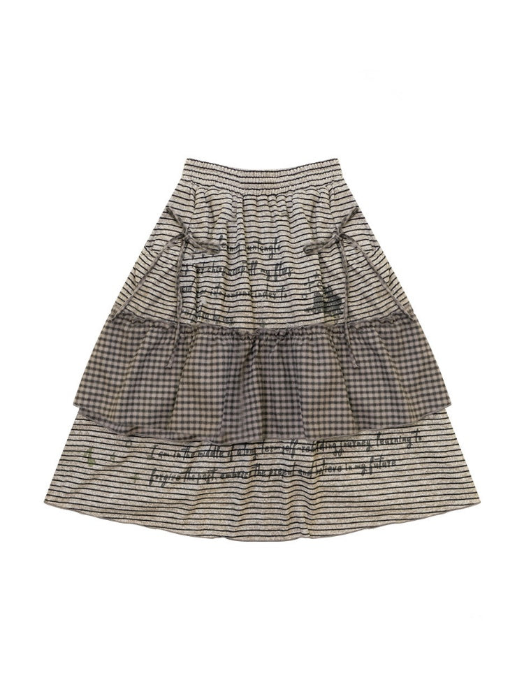 Hidden Rabbit Trace Striped Plaid Patchwork Mid-Length Letter Print Khaki Midi Skirt【s0000018929】