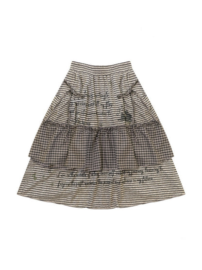 Hidden Rabbit Trace Striped Plaid Patchwork Mid-Length Letter Print Khaki Midi Skirt【s0000018929】