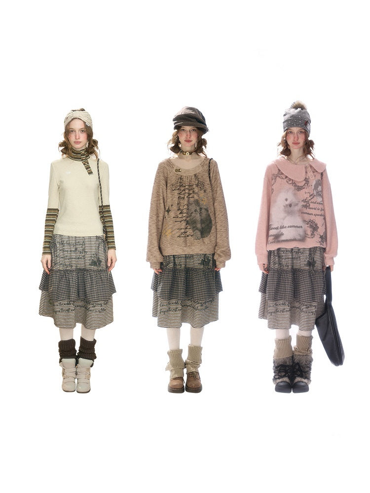Hidden Rabbit Trace Striped Plaid Patchwork Mid-Length Letter Print Khaki Midi Skirt【s0000018929】