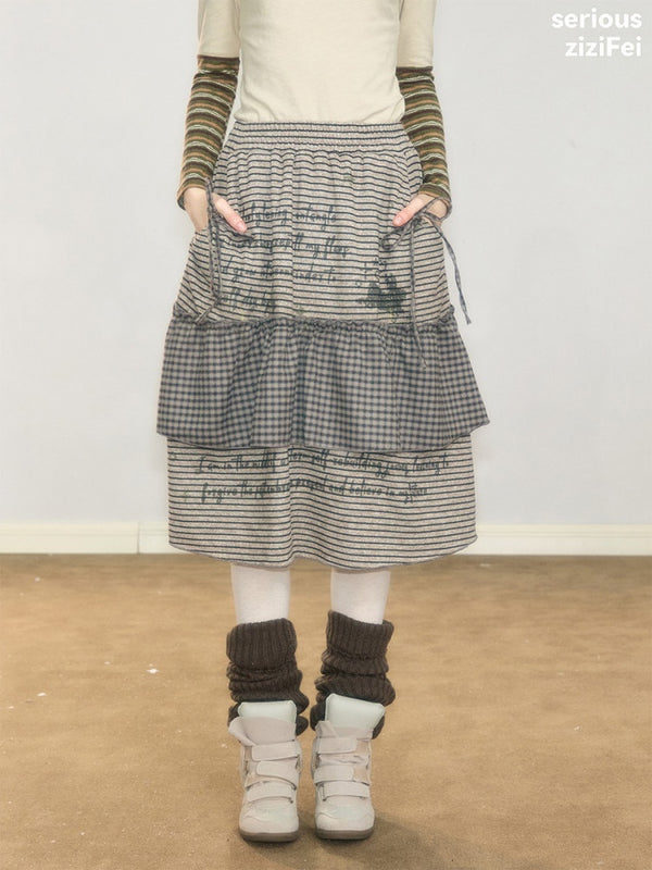 Hidden Rabbit Trace Striped Plaid Patchwork Mid-Length Letter Print Khaki Midi Skirt【s0000018929】