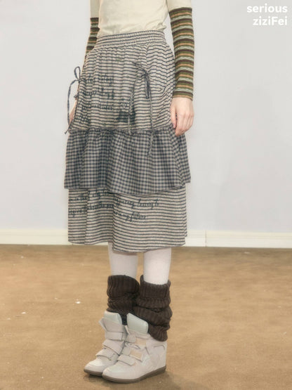 Hidden Rabbit Trace Striped Plaid Patchwork Mid-Length Letter Print Khaki Midi Skirt【s0000018929】