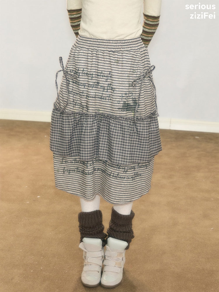 Hidden Rabbit Trace Striped Plaid Patchwork Mid-Length Letter Print Khaki Midi Skirt【s0000018929】