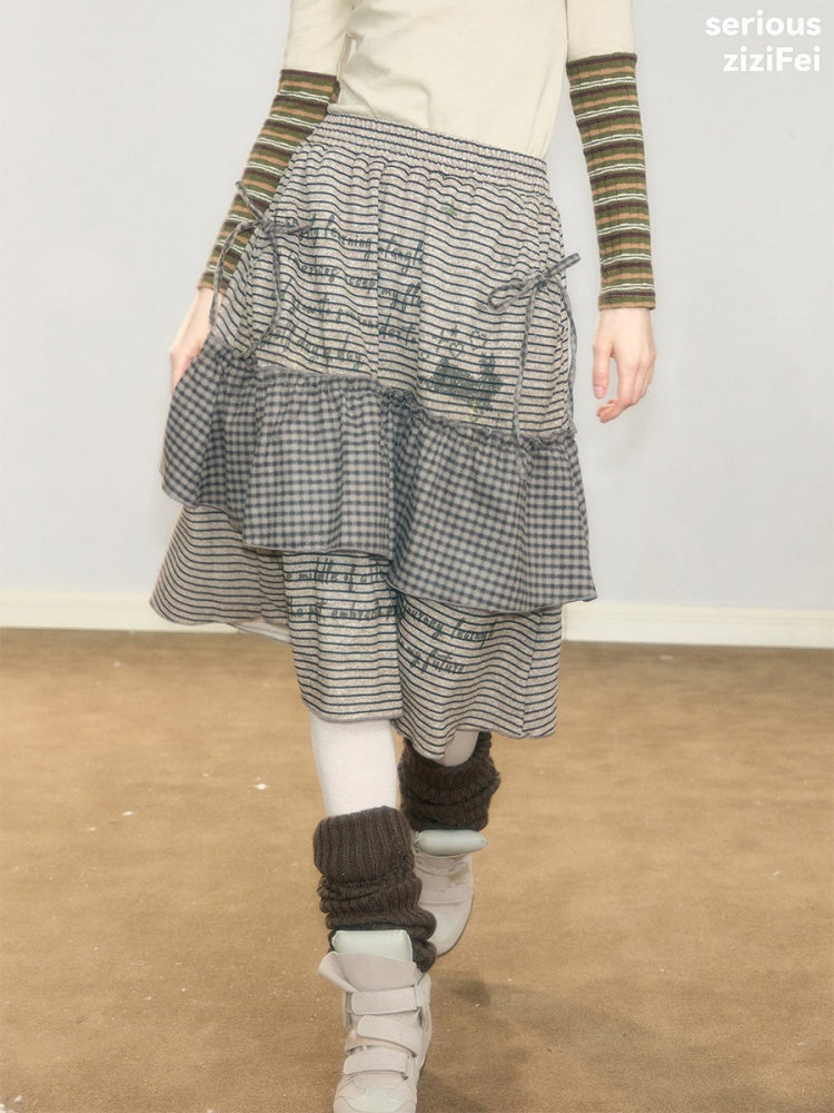 Hidden Rabbit Trace Striped Plaid Patchwork Mid-Length Letter Print Khaki Midi Skirt【s0000018929】