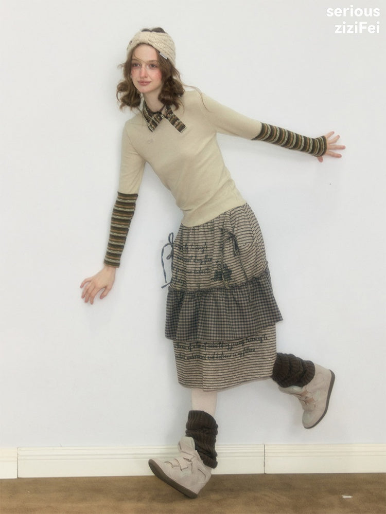 Hidden Rabbit Trace Striped Plaid Patchwork Mid-Length Letter Print Khaki Midi Skirt【s0000018929】
