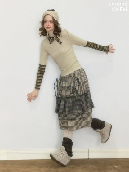 Hidden Rabbit Trace Striped Plaid Patchwork Mid-Length Letter Print Khaki Midi Skirt【s0000018929】