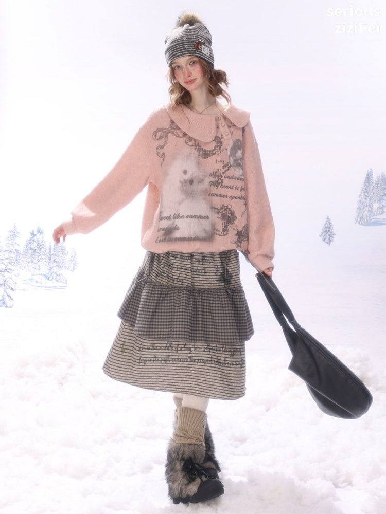 Hidden Rabbit Trace Striped Plaid Patchwork Mid-Length Letter Print Khaki Midi Skirt【s0000018929】