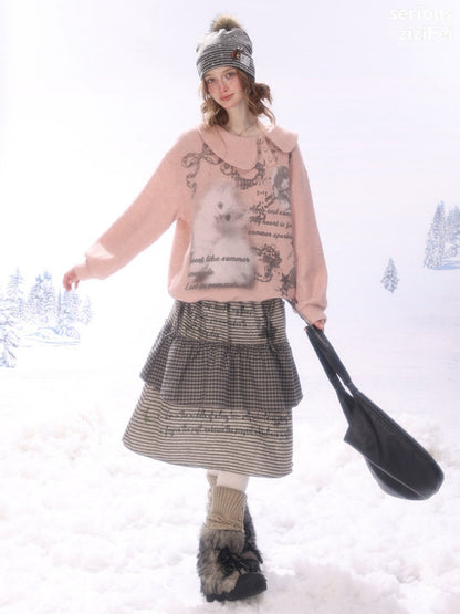 Hidden Rabbit Trace Striped Plaid Patchwork Mid-Length Letter Print Khaki Midi Skirt【s0000018929】