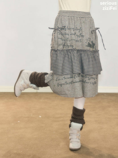 Hidden Rabbit Trace Striped Plaid Patchwork Mid-Length Letter Print Khaki Midi Skirt【s0000018929】