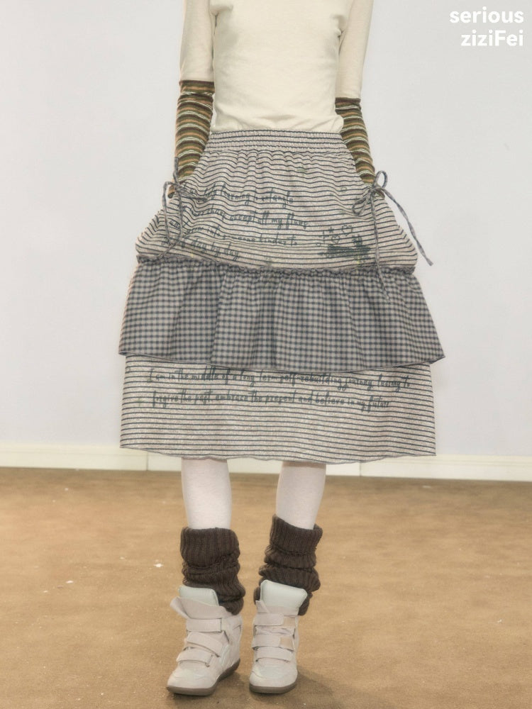 Hidden Rabbit Trace Striped Plaid Patchwork Mid-Length Letter Print Khaki Midi Skirt【s0000018929】