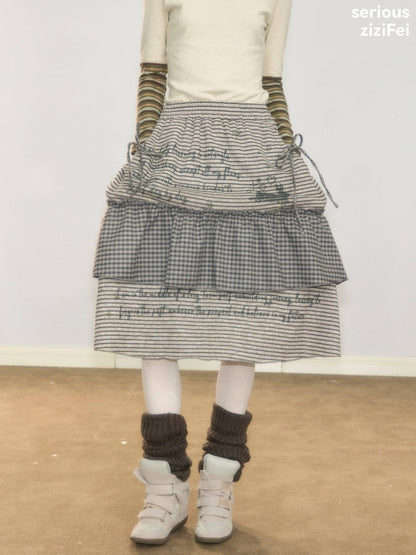 Hidden Rabbit Trace Striped Plaid Patchwork Mid-Length Letter Print Khaki Midi Skirt【s0000018929】