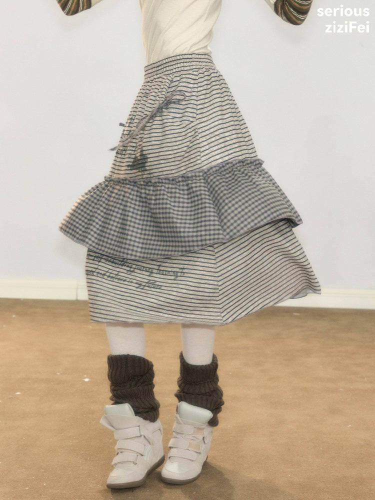 Hidden Rabbit Trace Striped Plaid Patchwork Mid-Length Letter Print Khaki Midi Skirt【s0000018929】