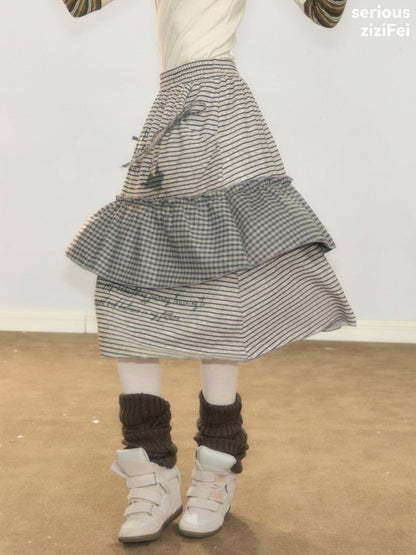 Hidden Rabbit Trace Striped Plaid Patchwork Mid-Length Letter Print Khaki Midi Skirt【s0000018929】