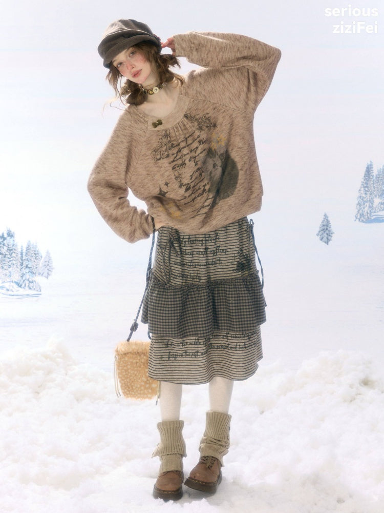 Hidden Rabbit Trace Striped Plaid Patchwork Mid-Length Letter Print Khaki Midi Skirt【s0000018929】