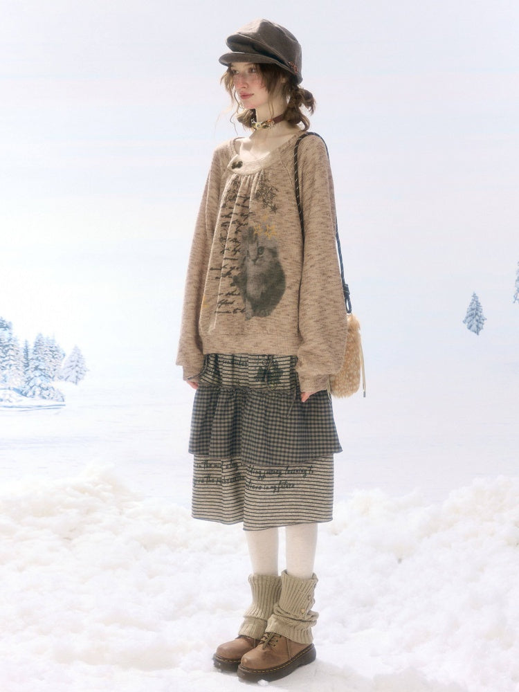 Hidden Rabbit Trace Striped Plaid Patchwork Mid-Length Letter Print Khaki Midi Skirt【s0000018929】