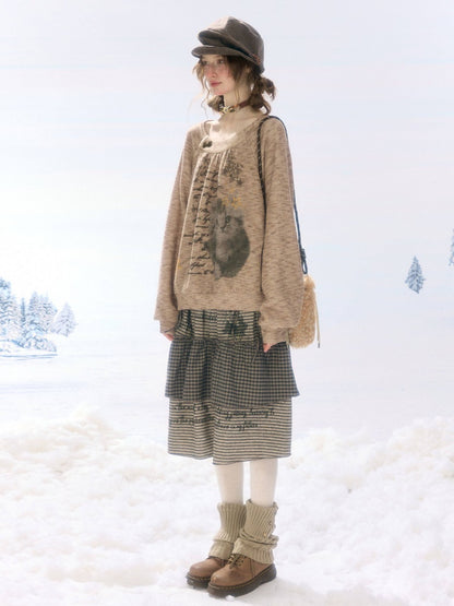 Hidden Rabbit Trace Striped Plaid Patchwork Mid-Length Letter Print Khaki Midi Skirt【s0000018929】