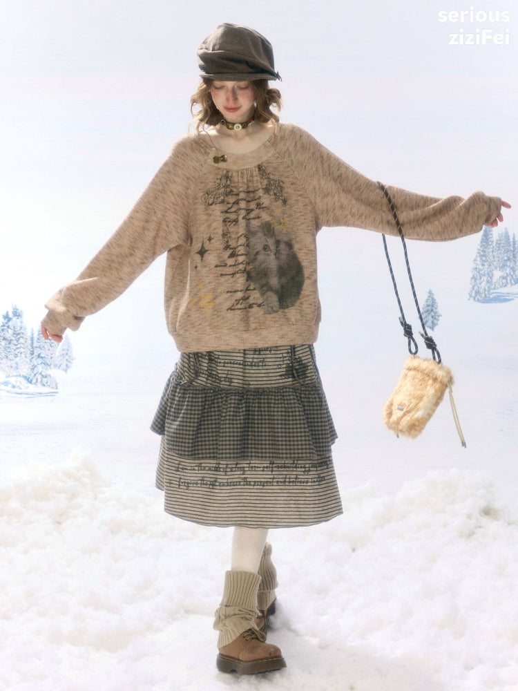 Hidden Rabbit Trace Striped Plaid Patchwork Mid-Length Letter Print Khaki Midi Skirt【s0000018929】