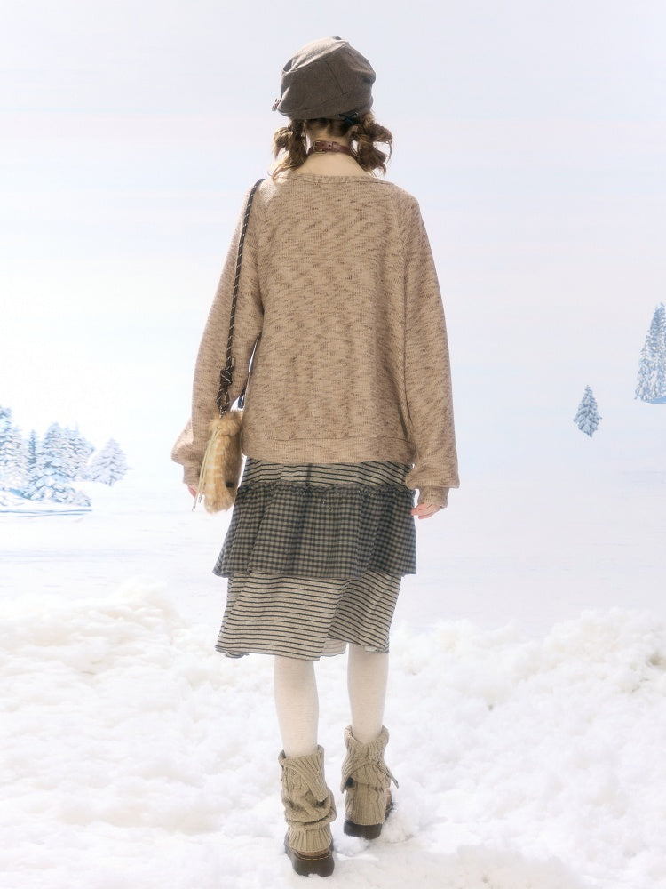 Hidden Rabbit Trace Striped Plaid Patchwork Mid-Length Letter Print Khaki Midi Skirt【s0000018929】