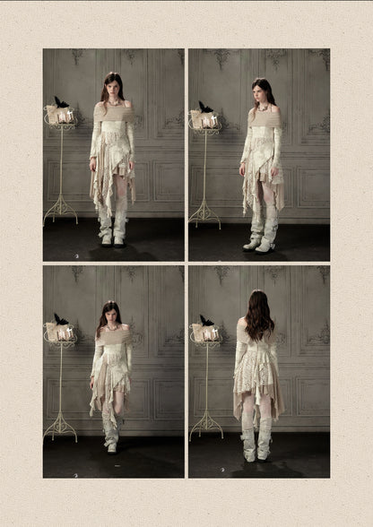 Off-Shoulder Patchwork Halter Long-Sleeve Dress【s0000018930】