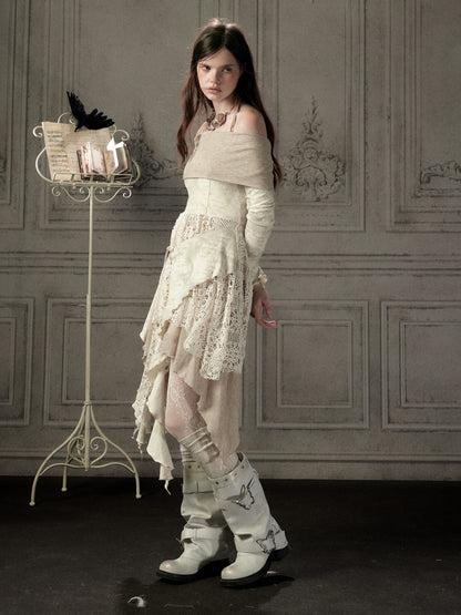 Off-Shoulder Patchwork Halter Long-Sleeve Dress【s0000018930】