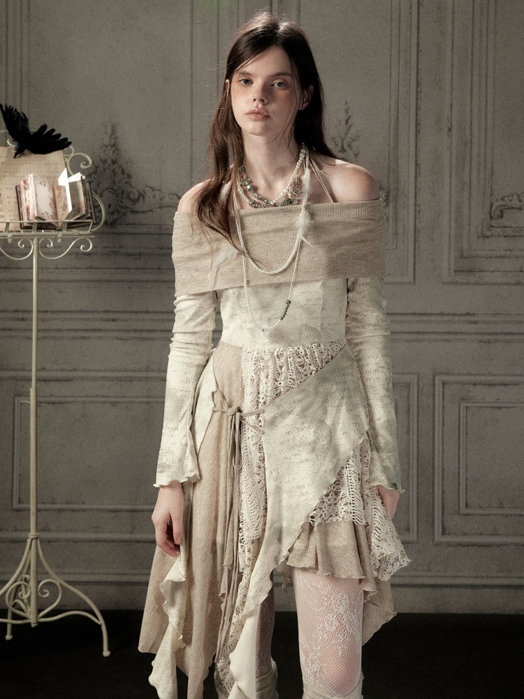 Off-Shoulder Patchwork Halter Long-Sleeve Dress【s0000018930】