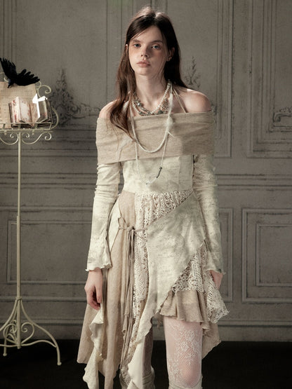 Off-Shoulder Patchwork Halter Long-Sleeve Dress【s0000018930】
