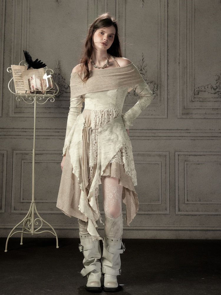 Off-Shoulder Patchwork Halter Long-Sleeve Dress【s0000018930】