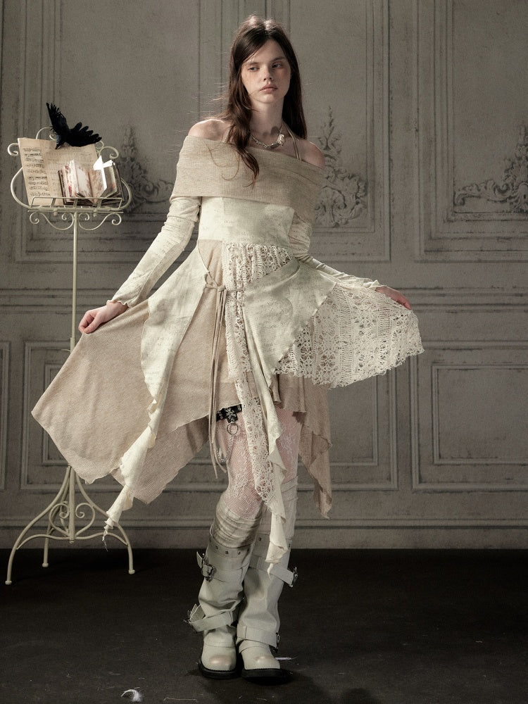 Off-Shoulder Patchwork Halter Long-Sleeve Dress【s0000018930】